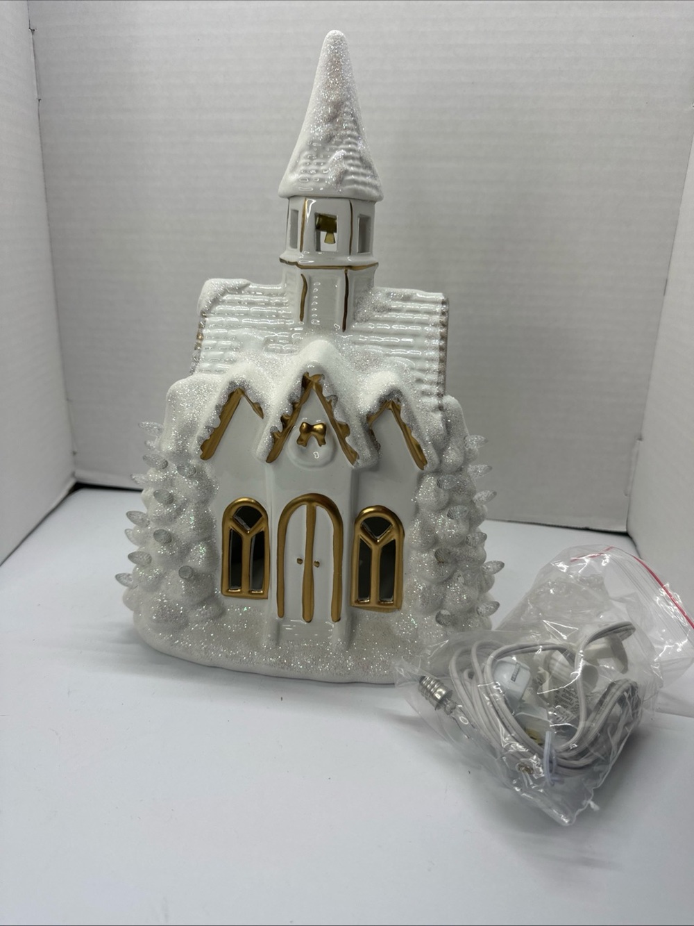 Crate&Barrel White and Gold Light-Up Ceramic Holiday Church